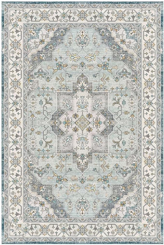 Area Rugs 5x7, Washable Rugs for Living Room, Bedroom, Blue Floral Rug, Vintage Boho Indoor Soft Carpet for Dining Room, Low Pile Rugs for Office, Farmhouse
