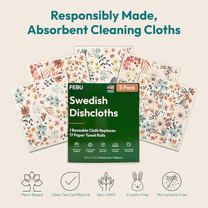 FEBU Swedish Dishcloths for Kitchen | 5 Pack Italian Summer Reusable Paper Towels Washable | Swedish Dish Towels | Non-Scratch Cellulose Sponge Cloths | No Odor, Biodegradable Cleaning Cloths