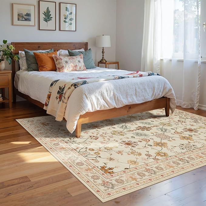 Floral Rug for Living Room Bedroom, 4x6 Washable Rug, Vintage Boho Area Rug, Large Non Slip & Low Pile Wool Carpet for Indoor Dining Room, Girls Room, Nursery Room and Kids Room(Apricot 4x6ft)