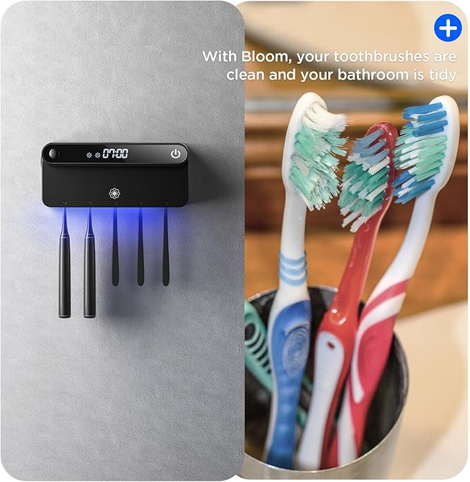 Bloom Toothbrush Sanitizer and Holder for Bathroom Walls, Strong 3M Adhesive, Time Display, Long-Lasting Charge, 5 Slots for Any Size Toothbrush, Black