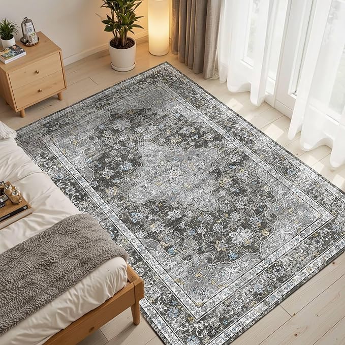 4x6 Area Rugs for Living Room, Bedroom, Small Washable Black Rugs, Entryway Non Slip Rug, Neutral Floral Vintage Boho Soft Indoor Carpet for Nursery, Bathroom, Office