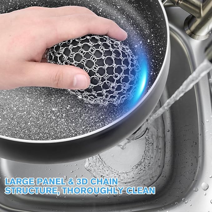 Cast Iron Scrubber & Scraper Set with Hook - Ergonomic 316 Chainmail Scrubber for Cast Iron Skillets, Dutch Oven, Baking Sheet, Crock Pot, Grills & More - Black Double Ring