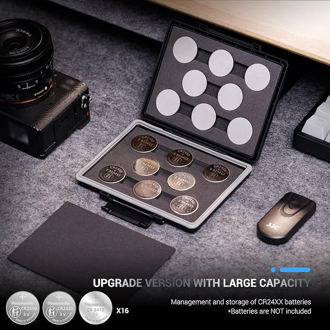 JJC CR2450 CR2430 CR2412 Battery Case Holder Storage,Water-Resistant,Button Coin Cell Batteries Storage Organizer Box for 16x CR 2450 CR2430 CR 2412 3V Lithium battery (Batteries Not Included)