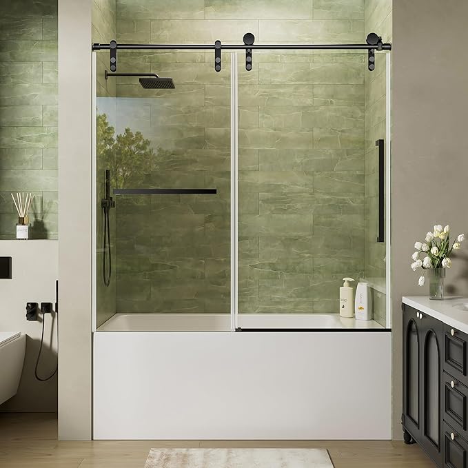 56-60" W x 60" H Frameless Bathtub Shower Door, Sliding Tub Shower Glass Door, 5/16" (8mm) SGCC Tempered Glass Shower Doors with Nano-Coating and Explosion-Proof Film, Easy to Clean, Matte Black