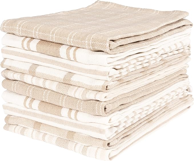 KAF Home Assorted Flat Kitchen Towels | 100% Cotton - 18 x 28 inches | Ultra Absorbent Soft Dish Towels | Perfect for Cooking, Cleaning, and Drying Hands (Beige, 10 Pack)