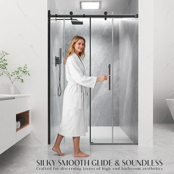 Frameless Sliding Shower Door 44-48" W x 72" H, 5/16" (8mm) Heavy Duty Tempered Glass, Matte Black Finish, Single Sliding Walk-in Shower Glass Door, Reversible Installation, Smooth & Quiet Gliding