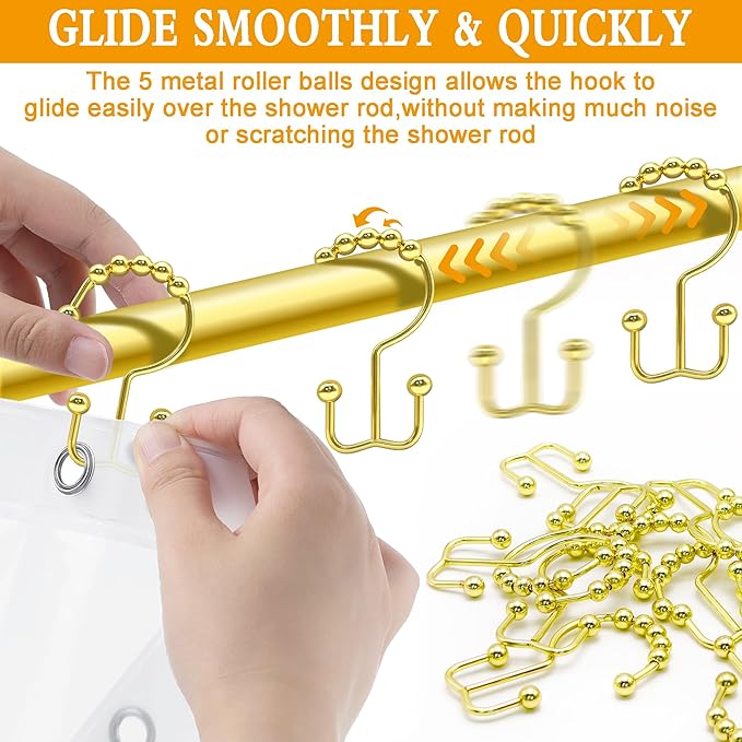 Shower Curtain Hooks, 12 Pcs Rustproof Metal Shower Curtain Rings,Free Sliding Double Shower Hooks for Shower Curtain & Liners, Shower Curtain Hangers for Bathroom Shower Curtain Rods Curtains (Gold)