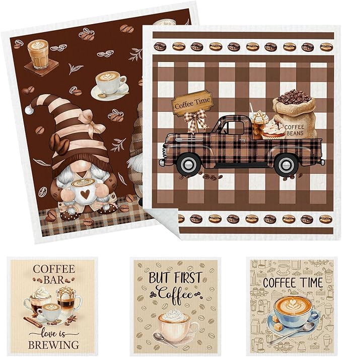 5 Pack Mixed Farmhouse Coffee Bar Kitchen Dishcloths Dish Towel, Dish Towels for Kitchen, Swedish Dishcloth Coffee Bar Decor, Paper Towels Reusable, Dish Cloth Towel Cleaning for Home