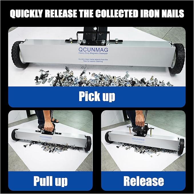 Rolling Magnetic Sweeper with Wheels, 30-Inch 45 Pound Capacity, Adjustable Handle&Floor Magnet Clearance Height, Metal Pick Up and Nail Magnet, Floor Sweeper for Construction, Shop, Yard