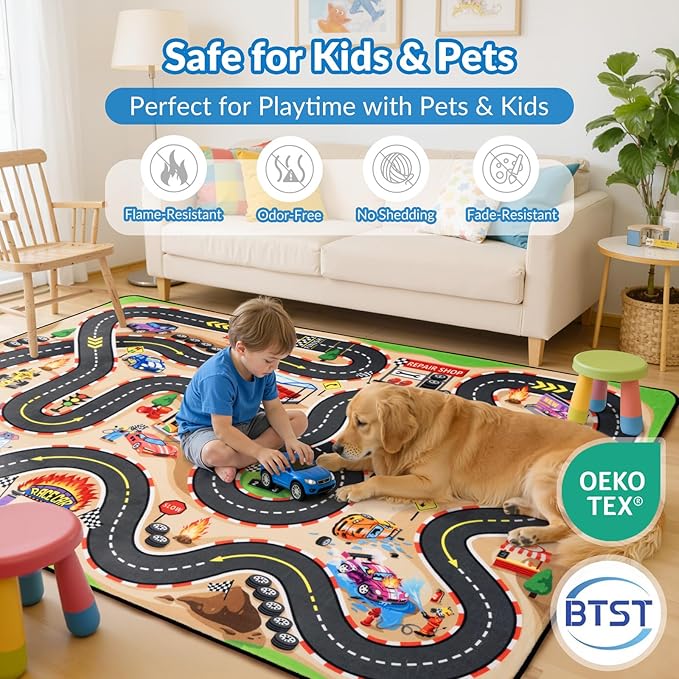 Kids Rug, Race Track Baby Play Mats, 5x7 FT Race Car Rug with 3D Cascading Surround Route, Soft & Non-Slip, Machine Washable Race Road Carpet for Kids Room, Boys Room, and Playroom