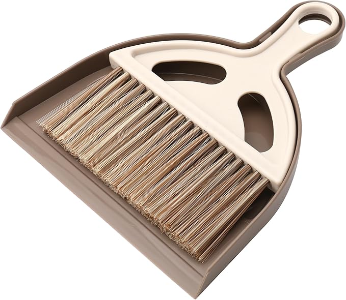 Mini Broom and Dustpan Set, Small Handheld Broom and Dustpan for Desk, Clip-On Hand Brush for Keyboard, Car Interior, Countertop, and Cat Litter Cleaning, Brown