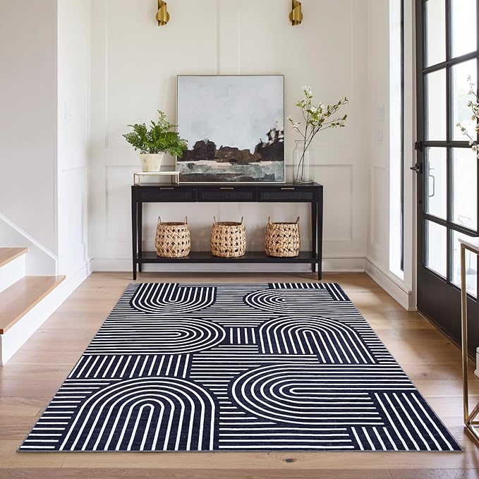 Washable Rug 5x7 Area Rugs for Living Room, Abstract Rug for Bedroom, Soft Rainbow Non Slip Throw Rugs with Rubber Back, Low Pile Stain Resistant Boho Geometric Carpet for Dining Room, Blue