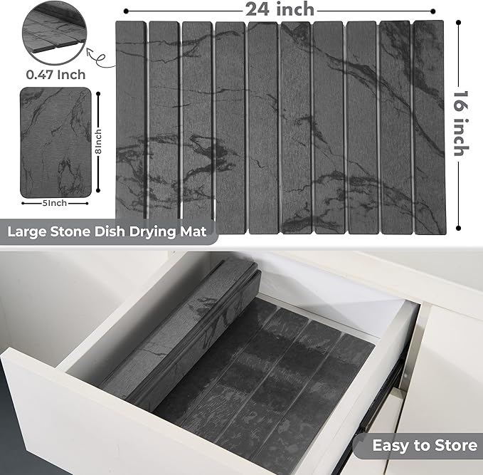 Large Stone Dish Drying Mat for Kitchen Counter, 2PCS Stone Drying Mat for Kitchen Counter, Foldable Water Absorbing Diatomaceous Earth Drying Pad for Bottles Dish Cups(Dark Gray 24"×16" & 8"x5")