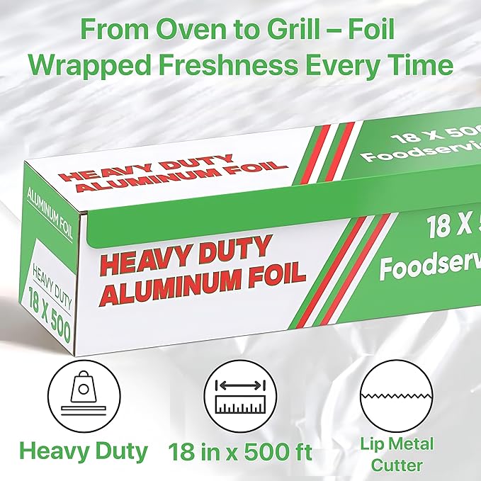Aluminum Foil Wrap Roll 18 in x 500 ft Heavy Duty Commercial and Home Use for Food, BBQ, Grilling, Cooking, Baking, Roasting, Party (18 in x 500 ft, 1 Pack)