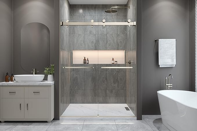 Twinglide VITRA-200 Frameless Shower Door 56.5-59" Width x 78" Height with 3/8" (10mm) Clear Tempered Glass (Brushed Nickel Double Towel Bars)