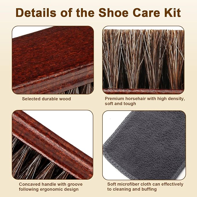 4-Piece 100% Horse Hair Shoe Brush Kit for Leather Care – Professional Dauber Applicators and Polishing Brushes with Cleaning Cloth for Leather Shoes, Boots, Bags, Jackets & Car Detailing