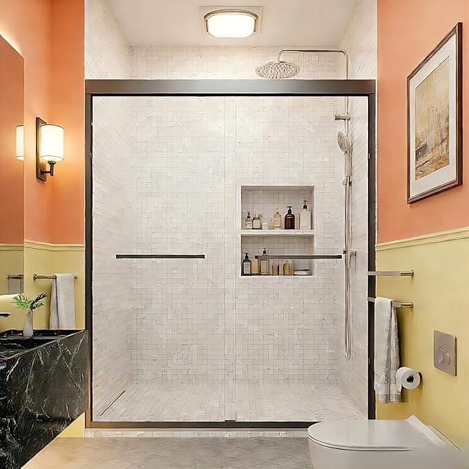 56"-60" W x 70" H Semi-Frameless Double Sliding Bypass Shower Door, 1/4" (6mm) SGCC Tempered Glass Shower Door, Matte Black Finish