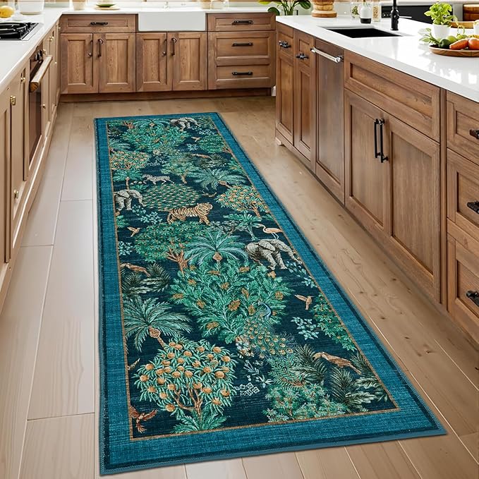 GarveeHome Jungle Rug 2.5x10 Kitchen Runner Rug Non Slip Washable Runners for Hallways, Animal Print Runner Rugs with Rubber Backing Soft Low-Pile Forest Long Carpet for Bedroom Entryway Laundry, Blue