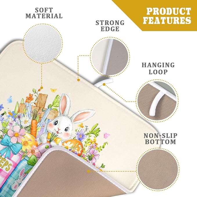 Easter Bunny Carrots Dish Drying Mat for Kitchen Counter,Spring Colorful Flowers Mason Jar Drying Mat 16 x 18 Inch with Absorbent Reversible Microfiber Drying Pad for Coffee Bar