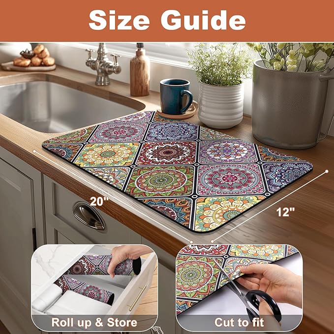 Yamaziot Boho Coffee Mat 12"x20", Floral Dish Drying Mat for Kitchen Counter, Non Slip Coffee Bar Accessories Espresso Machine Dish Rack
