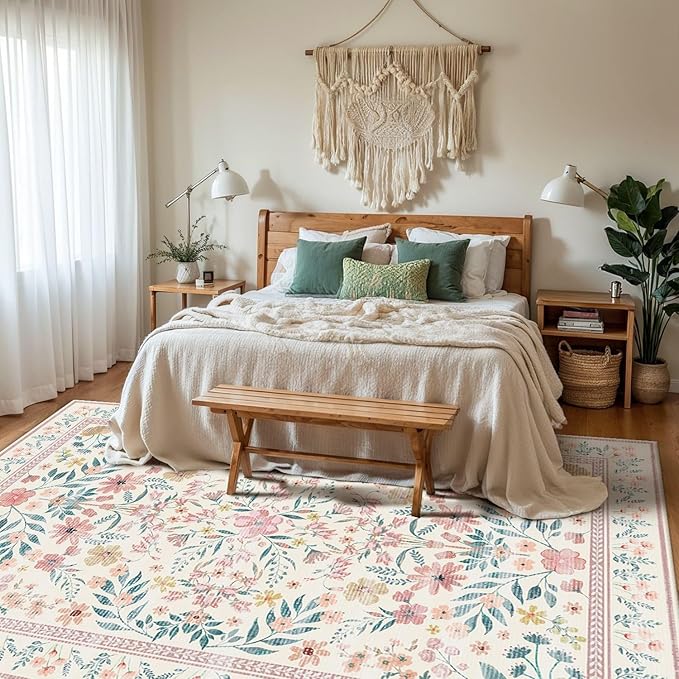 Pink Rug for Living Room Bedroom, 5x7 Washable Floral Rug, Vintage Boho Area Rug, Large Non Slip Low Pile Wool Carpet for Indoor Dining Room,Girls Room,Nursery Room and Kids Room(Pink 5x7ft)