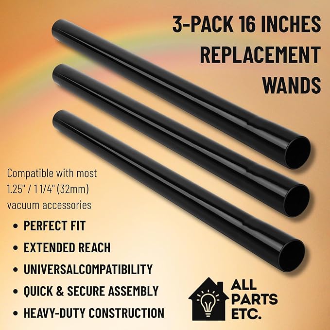 1.25 Inch Vacuum Extension Wands, 32mm Vacuum Accessories & Attachments | 15.75" Extension Wand Vacuum Pipe Tubes for Shop Vac, Wet/Dry Vacuums, and More| with 1-1/4" Fitting (3 Pack)