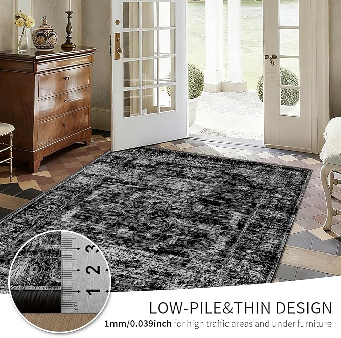 Area Rugs 5x7, Washable Black Rugs for Living Room, Bedroom, Vintage Boho Indoor Soft Carpet for Dining Room, Low Pile Rugs for Office, Farmhouse