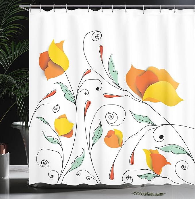 Ambesonne Floral Shower Curtain, Bouquet with Swirled Branches Romantic Paper Flowers Origami Autumn Blooms Image, Cloth Fabric Bathroom Decor Set with Hooks, 69" W x 84" L, Mint Orange
