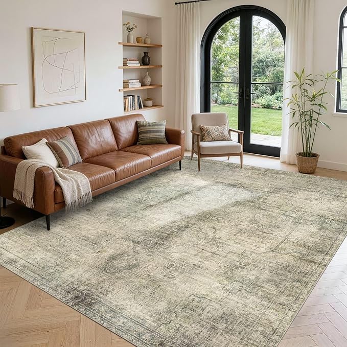 Vintage 8x10 Living Room Green Rugs, Washable Large Area Rugs for Bedroom, Dining Room, Kitchen, Non Slip Low Pile Soft Distressed Floor Carpets for Kids Nursery, Classroom, Farmhouse, Office