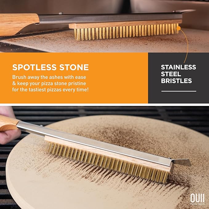 26'' Pizza Oven Brush with Stone Scraper - Includes 2 Brush Heads, Heat-Resistant Gold Stainless Steel Bristles - Long Grip Handle, Compatible with Ooni, Gozney, Blackstone, Solo Stove Ovens