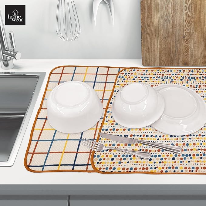 2 Pack Printed Dish Drying Mats for Kitchen, Super Absorbent Polyester, 15 x 20 inches, Countertop Sink, Machine Washable, Plaid & Polka Dot
