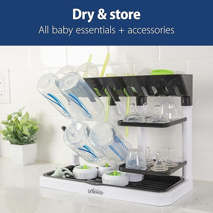 Dr. Brown's Drying Tower, Stand-Up Drying Rack, Countertop Baby Bottle Drying with Organized Storage for Baby Essentials, Space Saving Vertical Rack, Gray