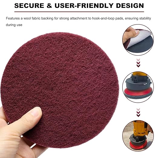10 Pack 6 Inch Multipurpose Red Scrubber Scouring Pads Flocking Scuff Pads -Hoop and Loop Scuff Pads Conditioning Discs Polishing Pad for Furniture Automotive Cleaning, Rust Removal (400 Grit)