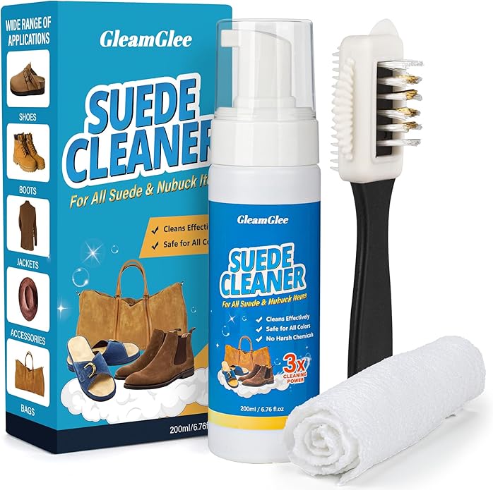 Suede Cleaning Kit 6.76oz – Effectively Removes Dirt, Stains & Water Marks – Includes Suede Brush & Microfiber Towel for Cleans & Restores Shoes, Boots, Jackets, Bags, Purses & More