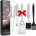 BBQ Grill Accessories Set, Grill Tools Grilling Accessories Grilling Gifts for Men - Spatula, Fork, Brush, Tongs & Cleaning Brush - Outdoor Barbecue Utensils Gifts for Men Dad Him (Sliver)
