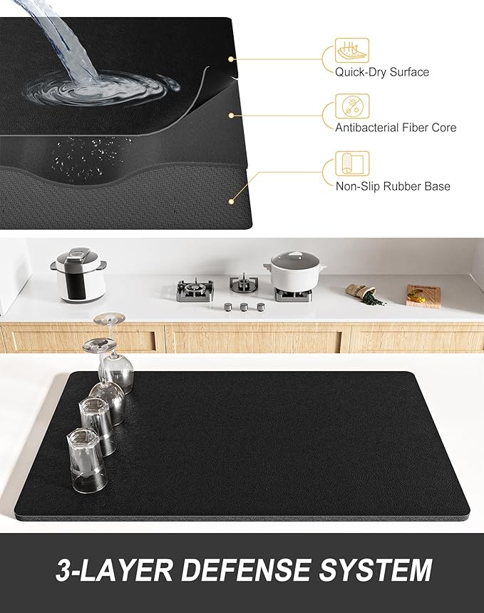 Rnivvi Dish Drying Mat for Kitchen Counter, 12 x 19" Super Absorbent Drainer Pad Easy Clean Dish Rack Pad, Non-Slip Heat Resistant Coffee Bar Mats for Coffee Machine Station Accessories Decor, Black