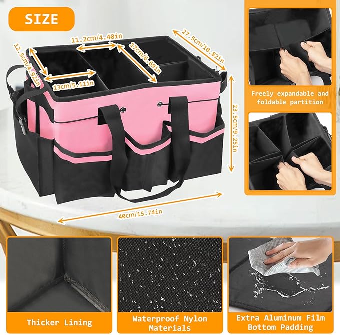 Wearable Cleaning Caddy Organizer with Handle & Shoulder Straps for Cleaners, 5 Compartments, Housekeeping Tote for Kitchen & Bathroom, Car Tool Caddy Organizer Bag (pink)