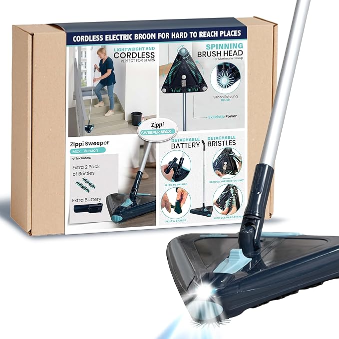 Zippi Sweeper Max - 2025 Version Lightweight Sweeper, Triangular Design Allows for Sweeping in Corners, Perfect for Short Carpet Hardwood and Tile, LED Light, 1 Hr Cleaning Time