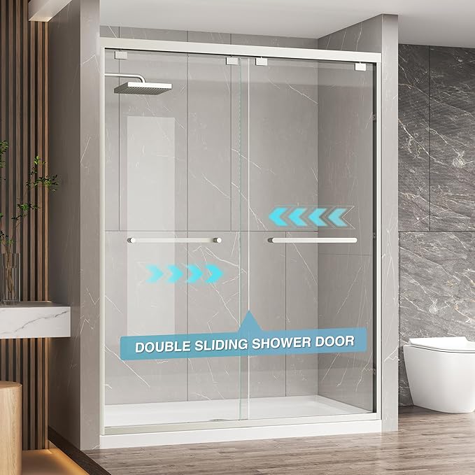 KPUY Glass Shower Door, 61-66" W x 76" H Semi-Frameless Double Sliding Shower Door, 1/4" (6mm) Thick Tempered Clear Glass with Explosion-Proof Film Nano Coating, Brushed Nickel