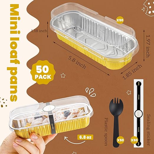 50 Pack Mini Cake Pans with Lids and Spoons Gold Rectangular Aluminum Foil Baking Pans Mini Cheesecake Containers(6.8oz)