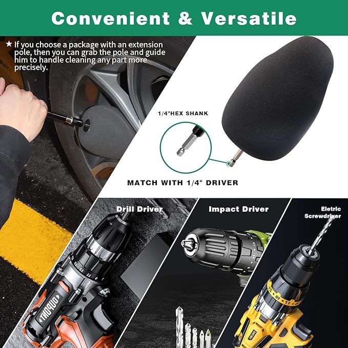 Wheel Polisher with Drill Bit Extension,1/4"Hex Shank for Standard Household Drill/Impact Driver,Gourd Head Design is Suitable for Cleaning All Kinds of Wheels, Exhaust Tips, Grilles & etc.