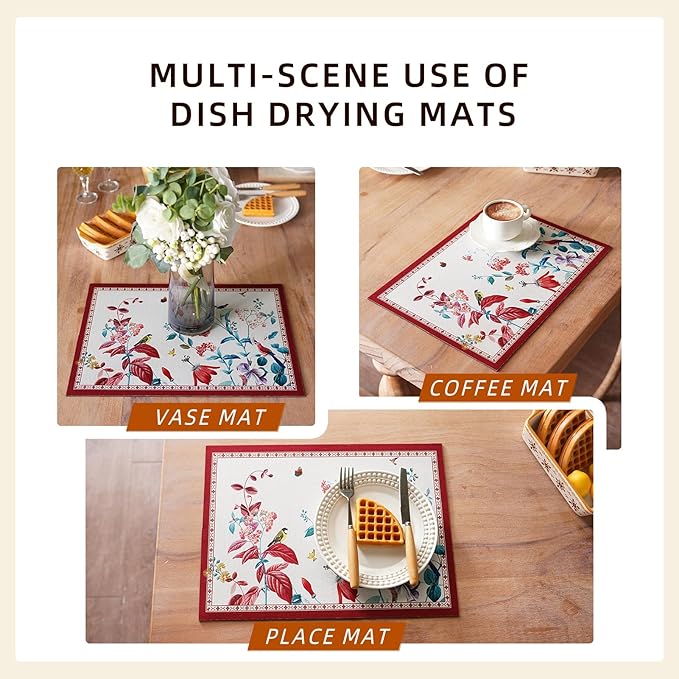 Dish Drying Mat Absorbent Floral Coffee Mat Rubber Backed Soft Silicone Bird Kitchen Dish Draining Mat for Kitchen Bathroom Coffee Bar (Red, 12 x 16 Inches)