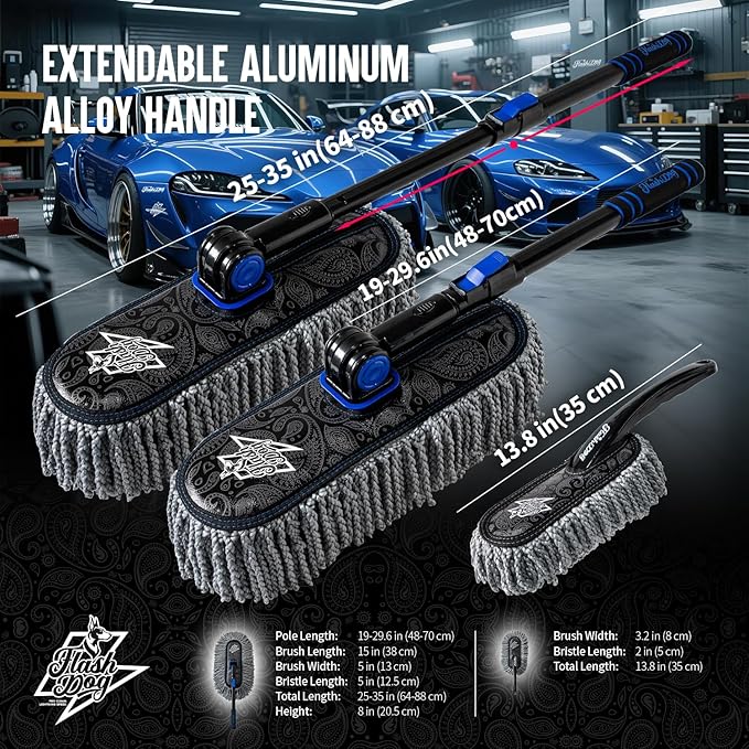 Flash Dog Car Duster Exterior Scratch Free Aluminum Alloy Exterior Handle and Microfiber Hair Waterless Cleaning Brush for Cars, Trucks, SUVs Portable Car Duster