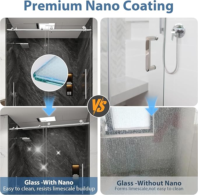 KPUY Frameless Shower Door, 61-66" W x 76" H Sliding Glass Shower Door, 1/4" (6mm) Thick Tempered Clear Glass with Explosion-Proof Film Nano Coating, Stainless Steel Hardware, Chrome