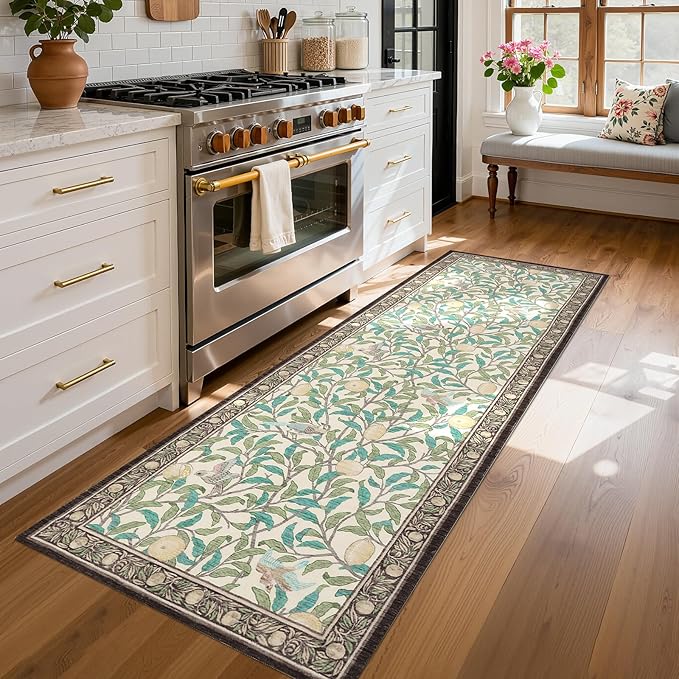 GarveeHome 2x6 Runners for Hallways Non Slip, Boho Leaf Kitchen Runner Rug Washable Rugs for Bedroom, Low Pile Soft Beige Runner Botanical Bird Rug for Dorm Entryway Laundry Room Bedroom