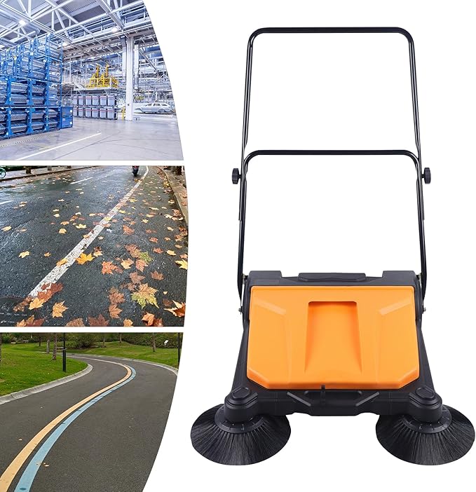 Outdoor Walk-Behind Hand Push Floor Sweeper Carpet Sweeper Manual Push Vacuum Non Electric Width Push Sweeper Adjustable Artificial Turf Vacuum for Walkway, Yard, Garage (26 Inch)