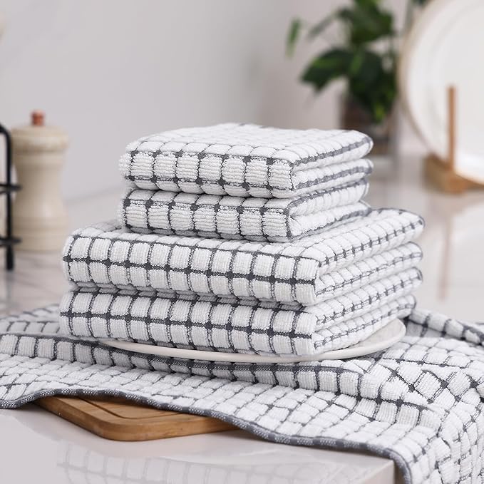 Homaxy Kitchen Towels and Dishcloths Set, 16 x 25 and 12 x 12 Inches, Set of 8 Cotton Terry Kitchen Dish Towels, Super Soft and Absorbent Dish Cloths, Grey