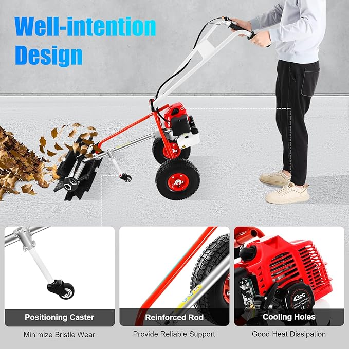 43CC Gas Powered Walk-Behind Outdoor Hand Push Sweeper,1.7HP 2-Stroke Handheld Sweeper Snow Sweeping Broom, Broom Walk Behind Driveway Turf Lawns Cleaning Driveway Tools for Lawn Leaf