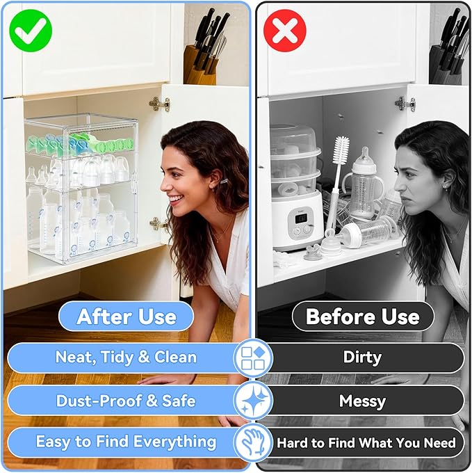 Baby Bottle Organizer for Countertop, Large Clear Bottle Storage Organizer, Baby Bottle Storage Organizer for Bottles, Nipples, Pump Parts & Food Jars, Nursery Cabinet, Kitchen Pantry