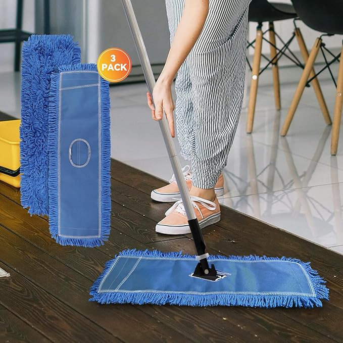 BeiLan 3 Pack 24 Inch Microfiber Dust Mop Head, Medium Washable Commercial Sweeper and Janitorial, Blue